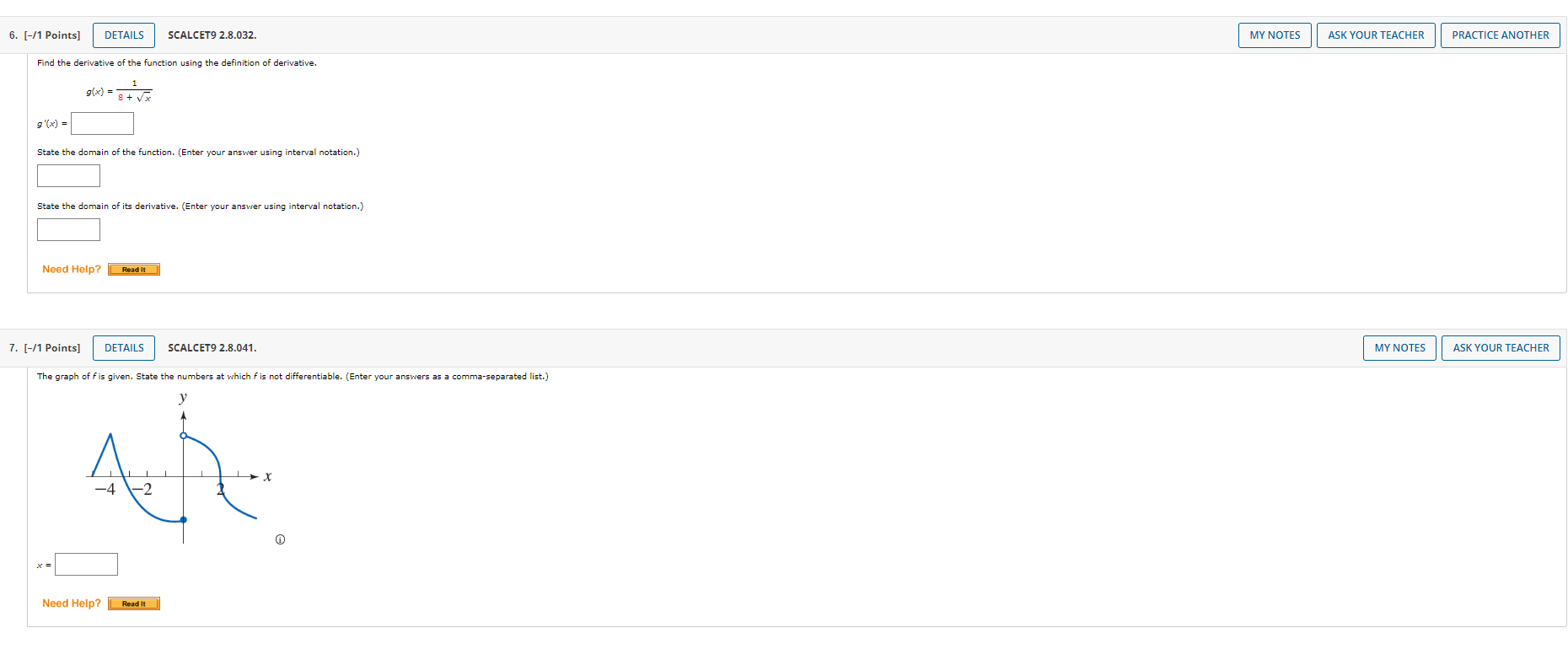 2.8 Homework - The Derivative as a Function (Homework) 6. [-/1 Points]