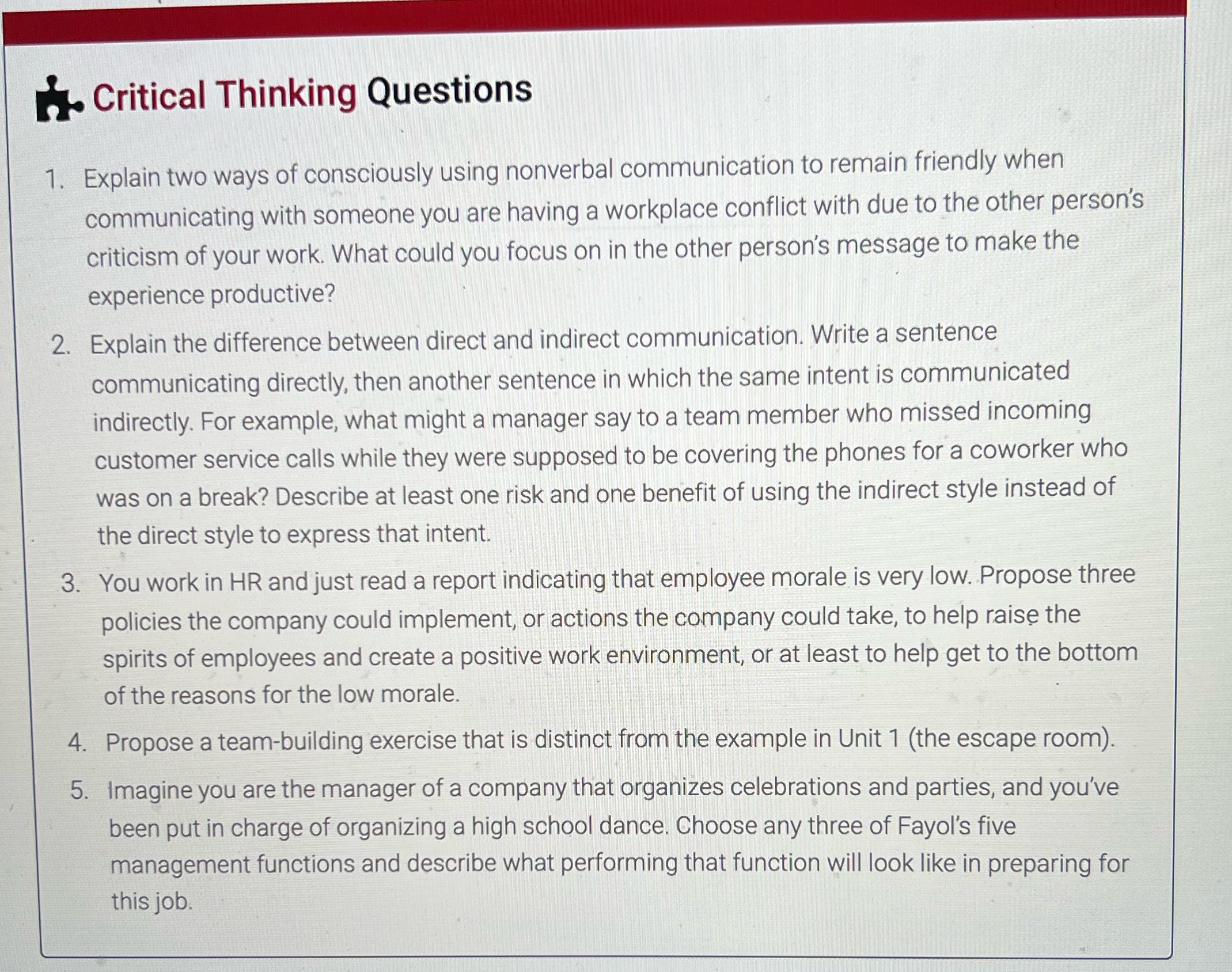 unit 1 critical thinking question . Critical Thinking Questions 1. Explain two