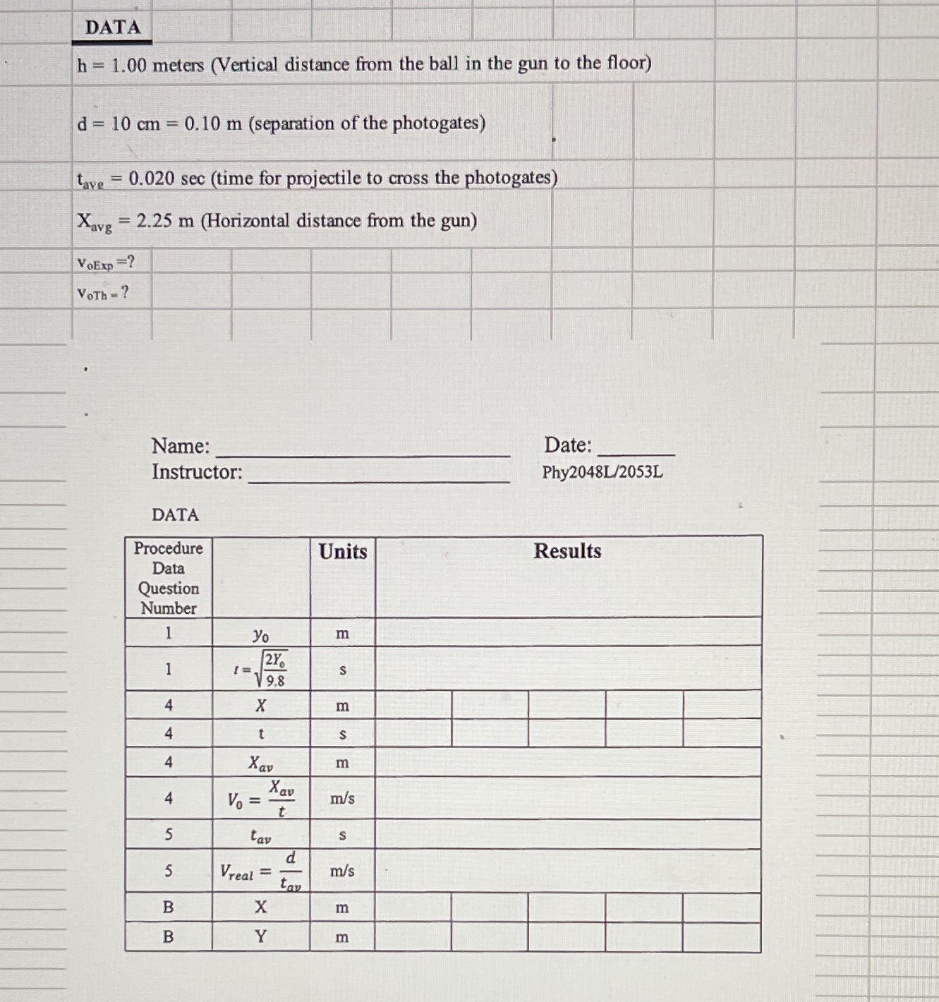 DATA h = 1.00 meters (Vertical distance from the ball in
