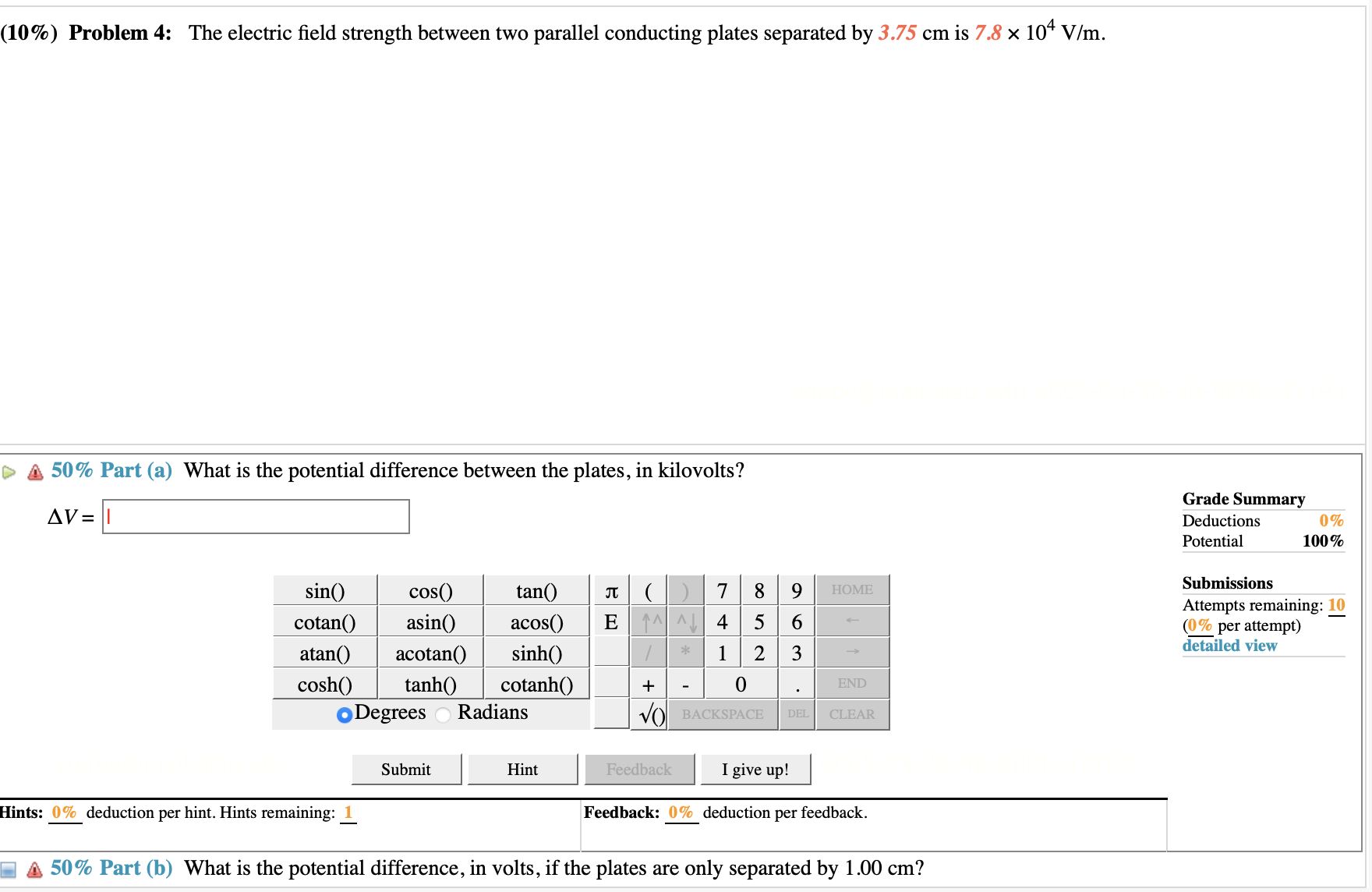 Part (a) What is the potential difference between the plates, in kilovolts?