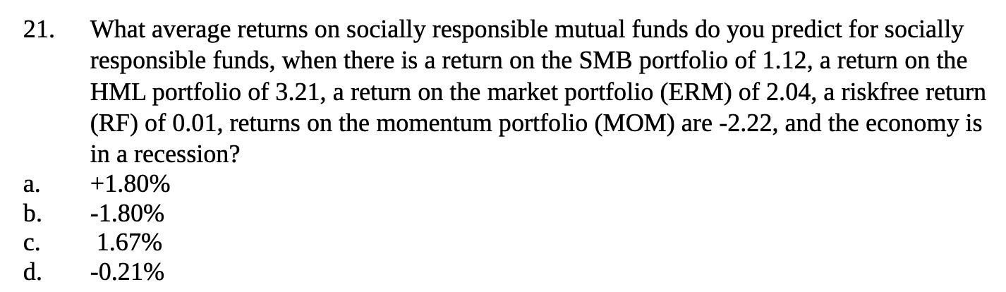  21. P'PP'?' What average returns on socially responsible mutual funds do