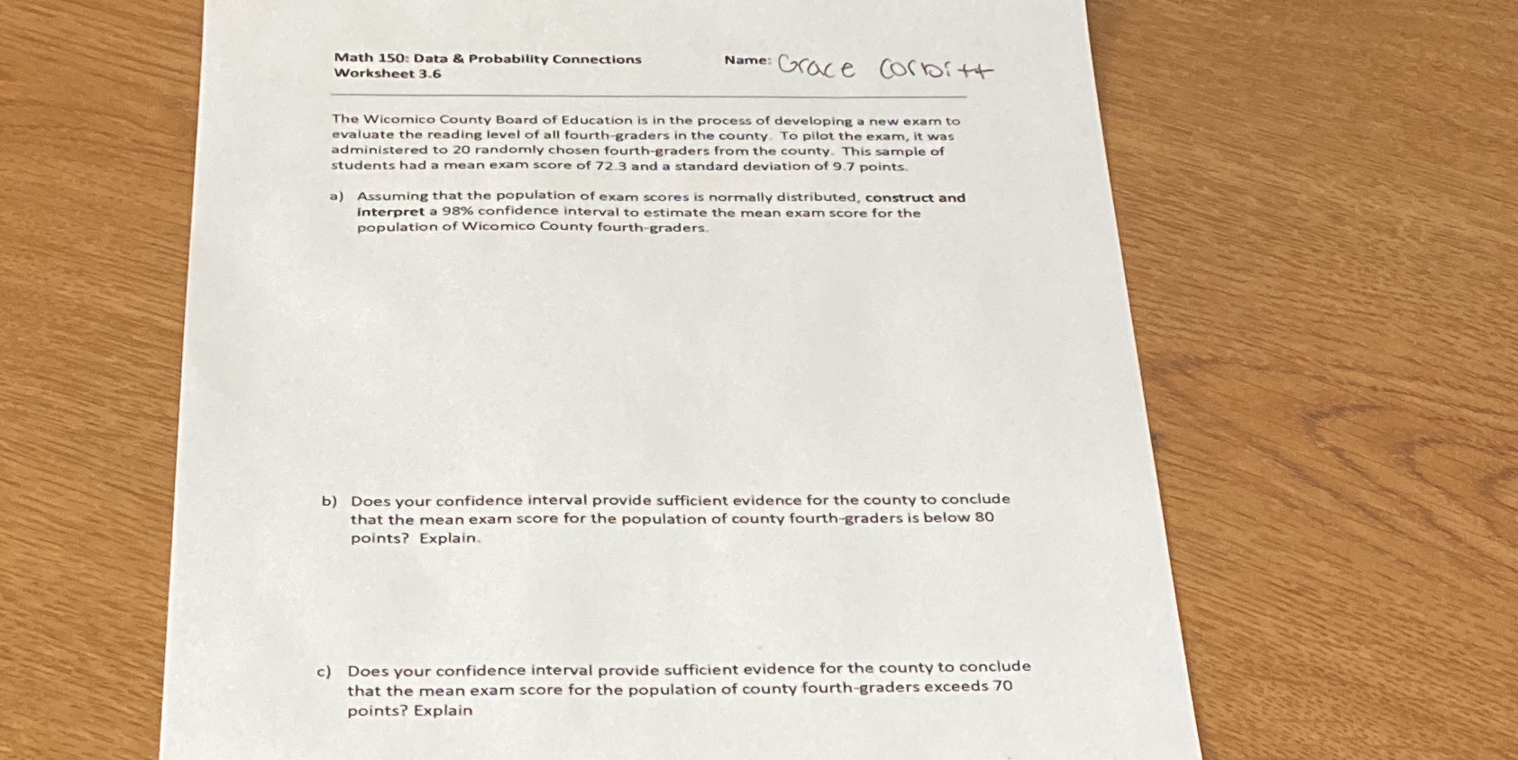 Question C help Math 150: Data & Probability Connections Worksheet 3.6 Name: