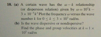 A certain wave has the w-k relationship (or dispersion relation) given by