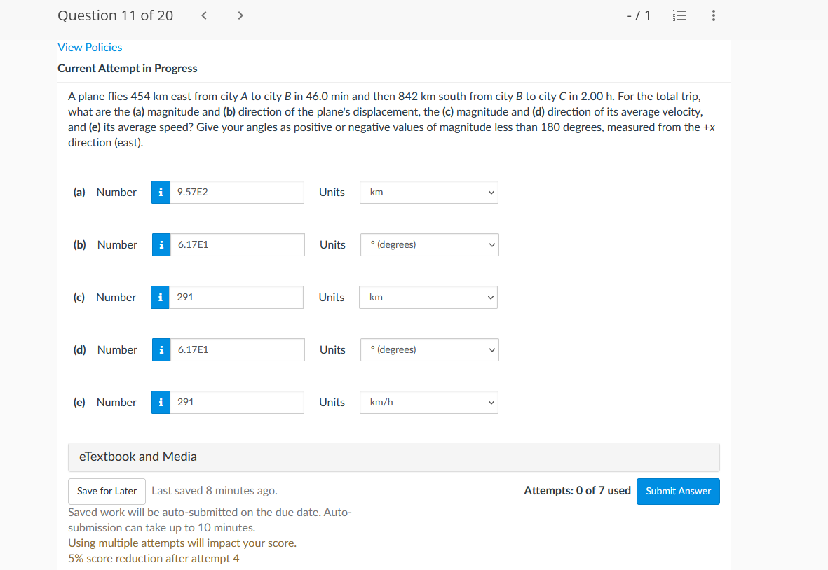 flies 454 km east from city A to city B in 46.0