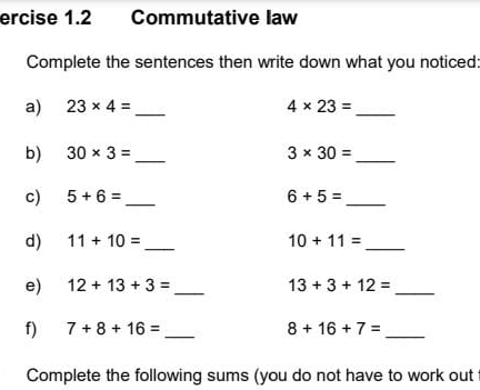 complete the sentence then write down what you notice ercise 1.2 Commutative