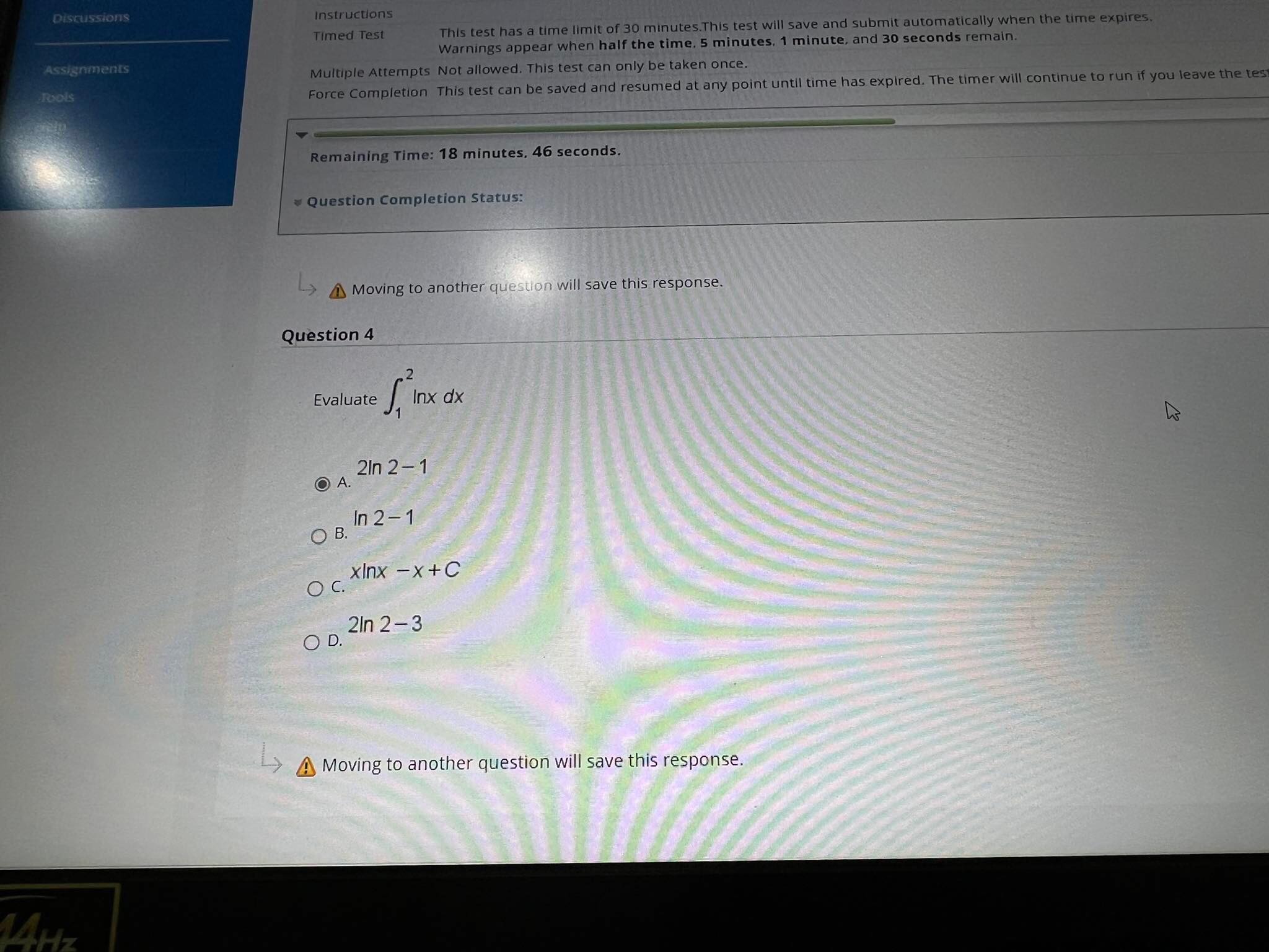 30 minutes.This test will save and submit automatically when the time expires.