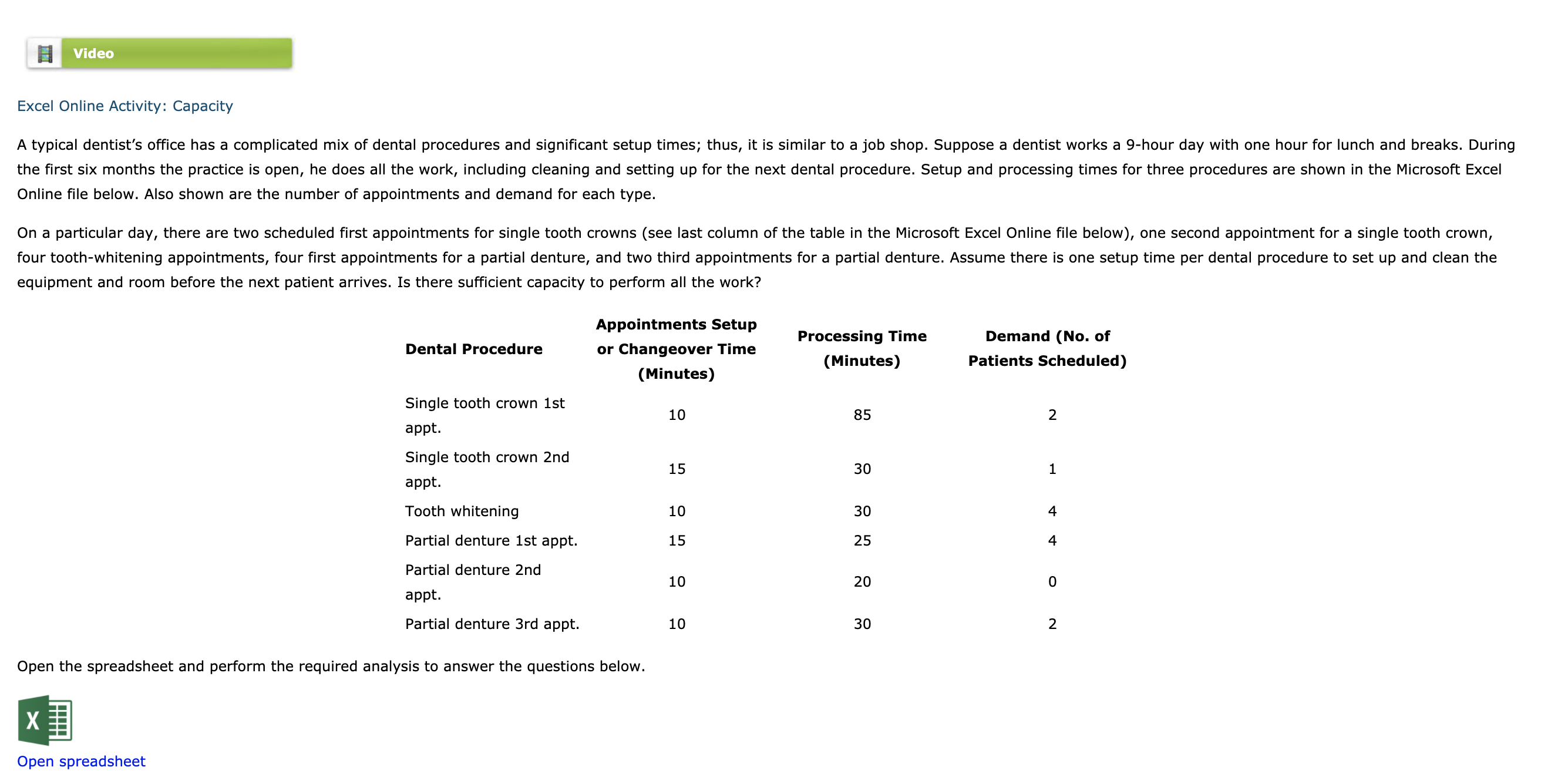 Hello! I need some help. Video Excel Online Activity: Capacity A typical