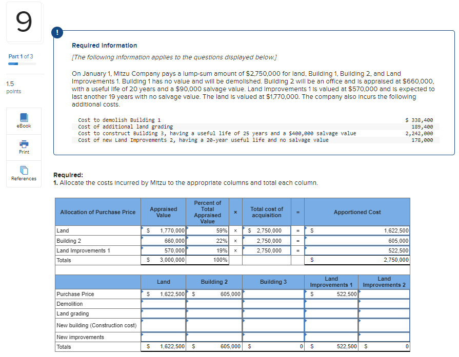 1, Mitzu Company pays a lump-sum amount of $2,750,000 for land, Building