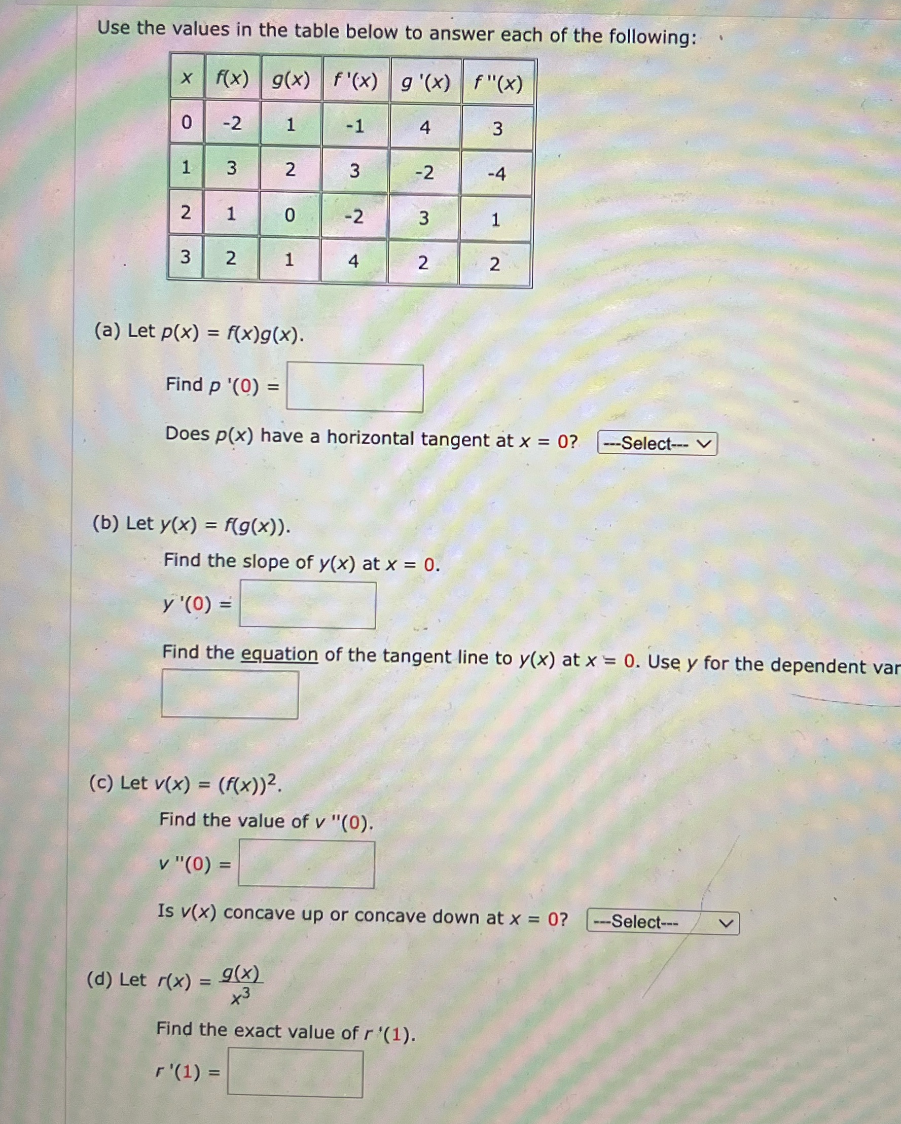  Use the values in the table below to answer each of