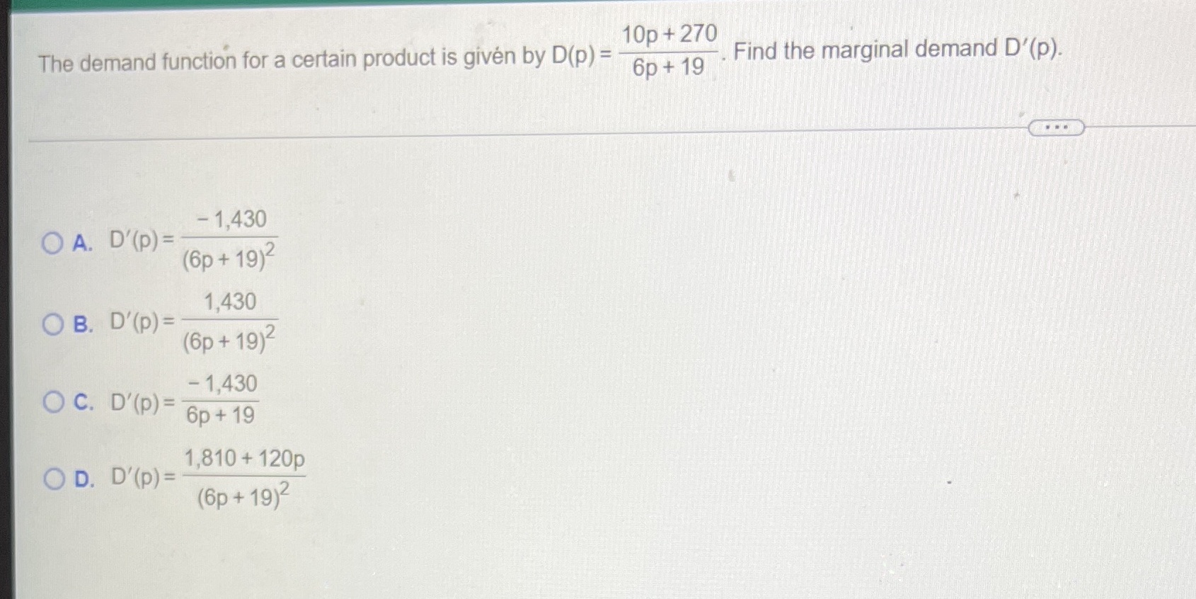  10p+ 270 The demand function for a certain product is given
