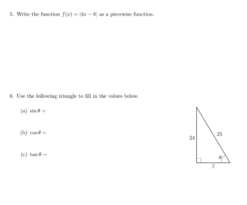  5. Write the function f(x) = |4x - 8| as a