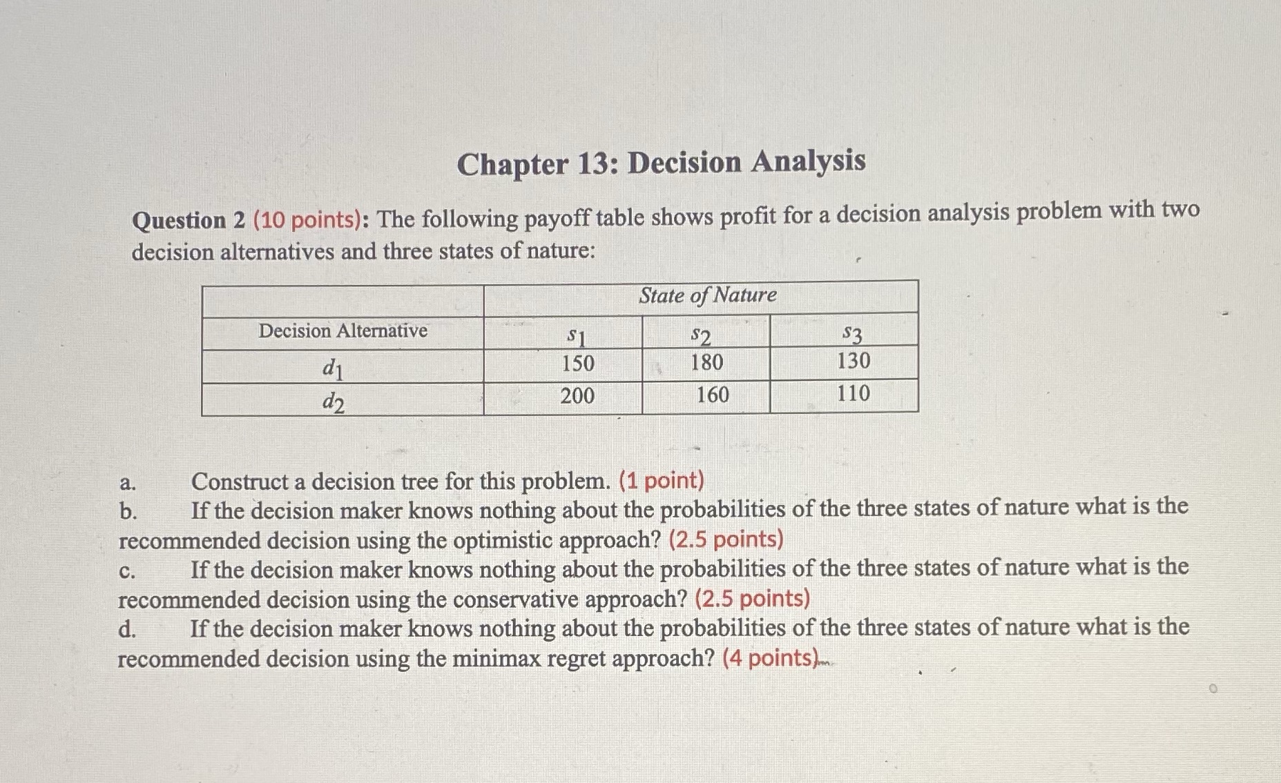 Help please!!! Please answer all clearly Chapter 13: Decision Analysis Question 2