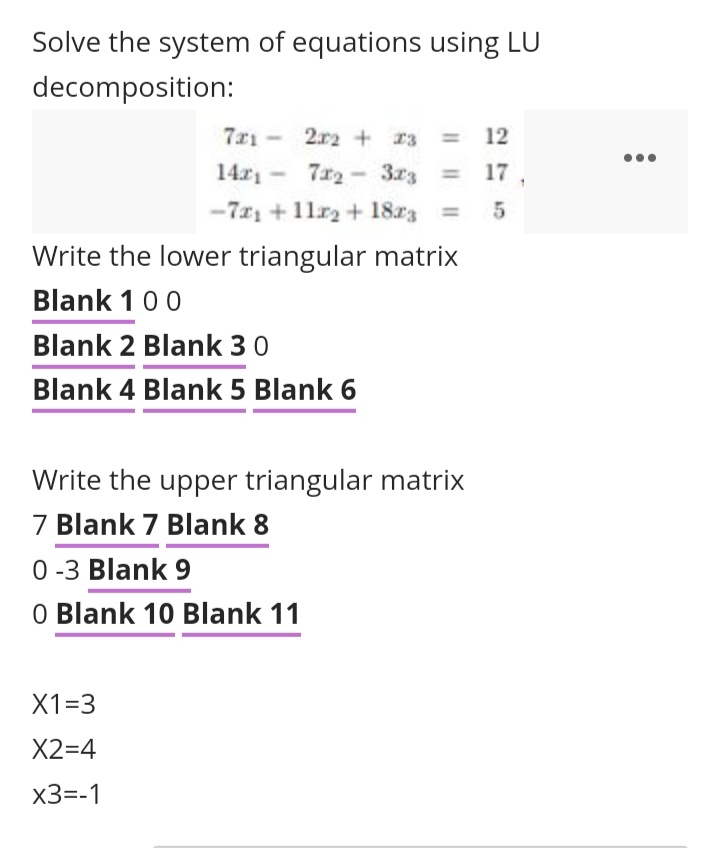  Solve the system of equations using LU decomposition: 7x1 - 212