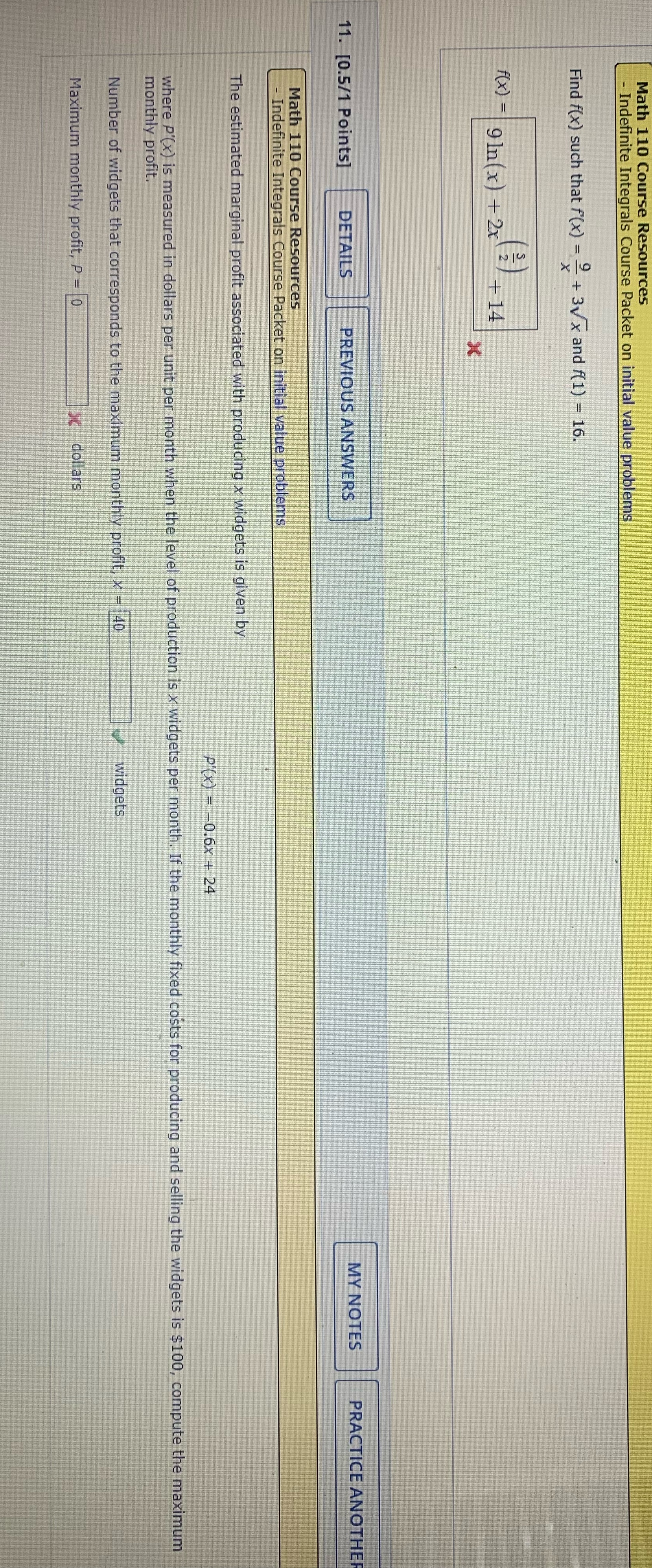  Math 110 Course Re - Indefinite Integrals Course Packet on initial