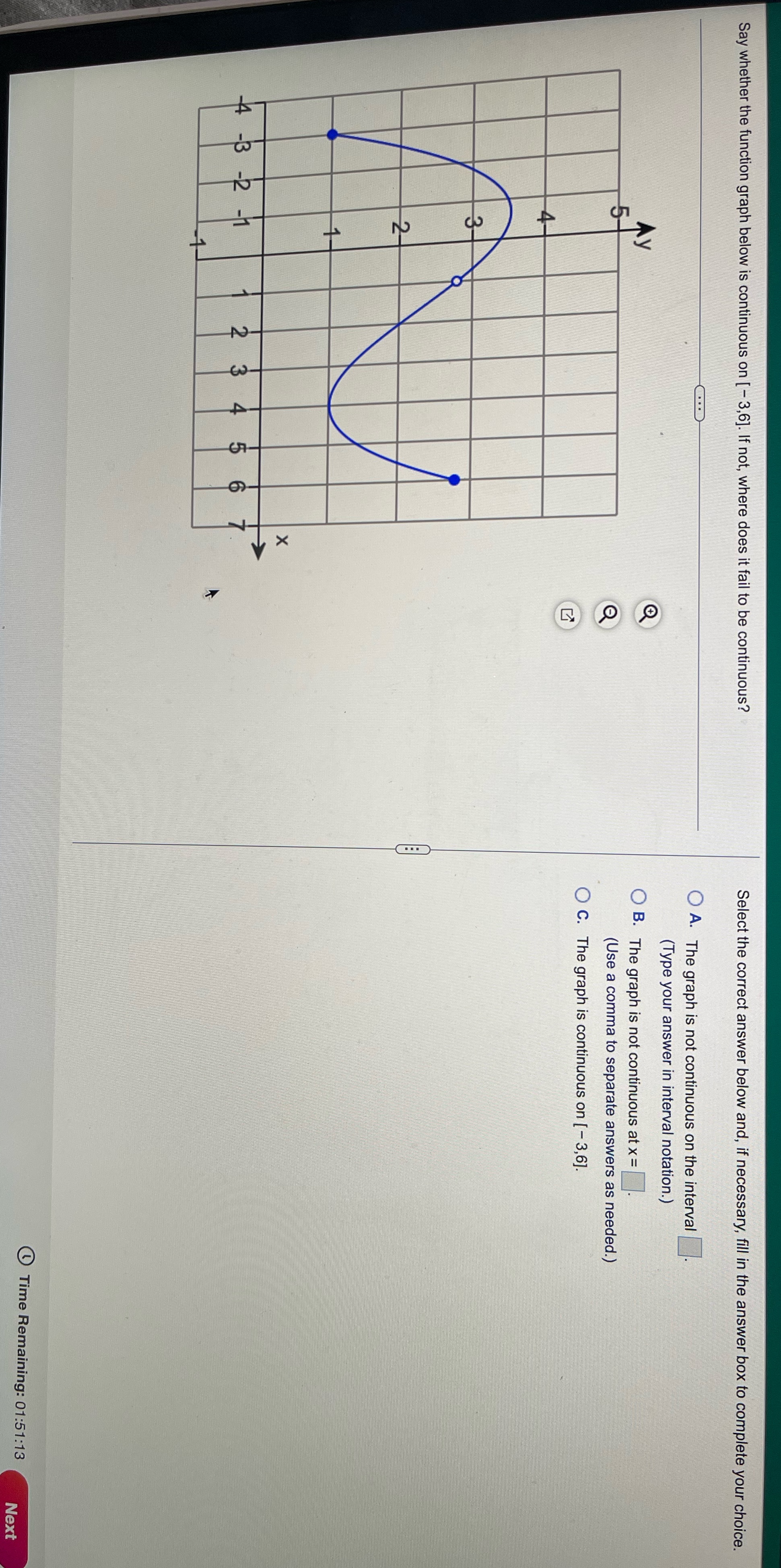  Say whether the function graph below is continuous on [ -