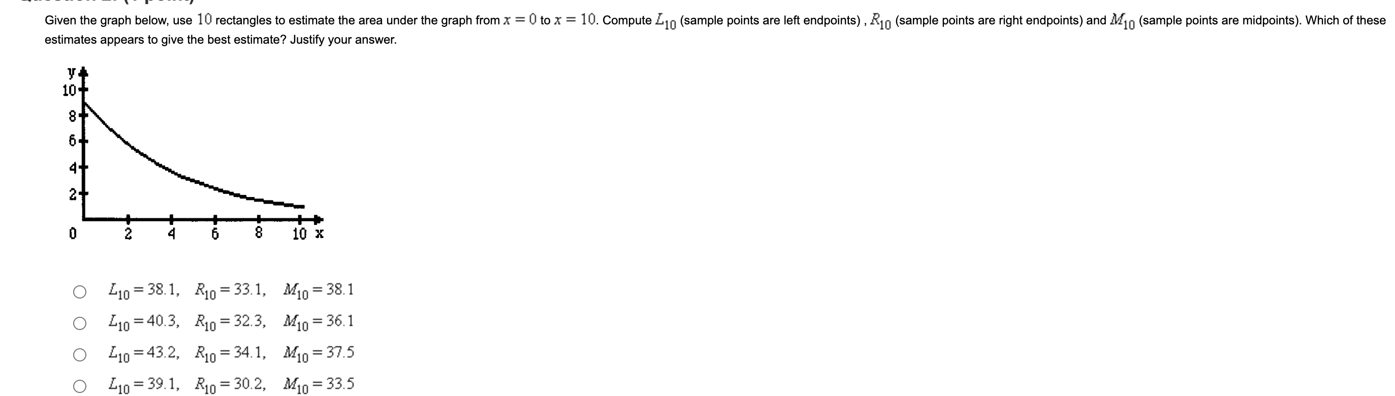 Given the graph below, use 10 rectangles to estimate the area