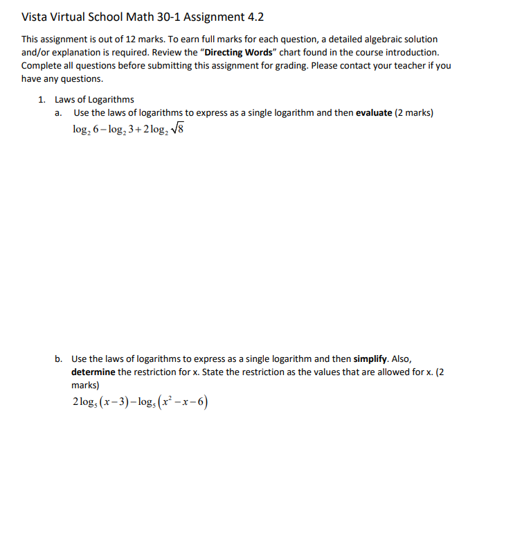  Vista Virtual School Math 30-1 Assignment #2 This assign merit is