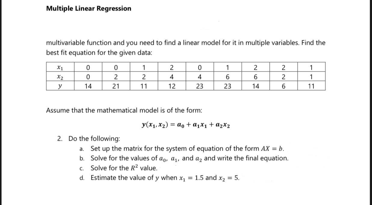 Multiple Linear Regression multivariable function and you need to find a