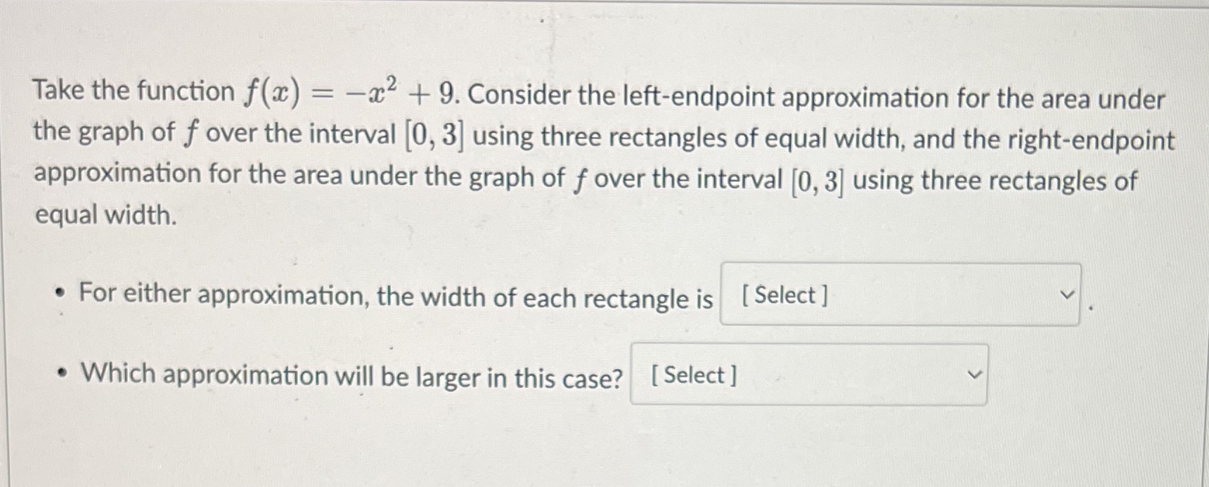 Take the function f(a) = -2 + 9. Consider the left-endpoint