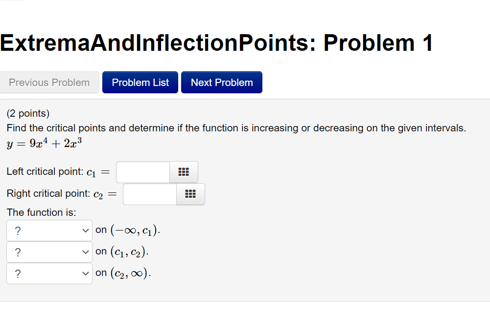  ExtremaAndlnflectionPoints: Problem 1 Previous Problem Problem List Next Problem (2 points)