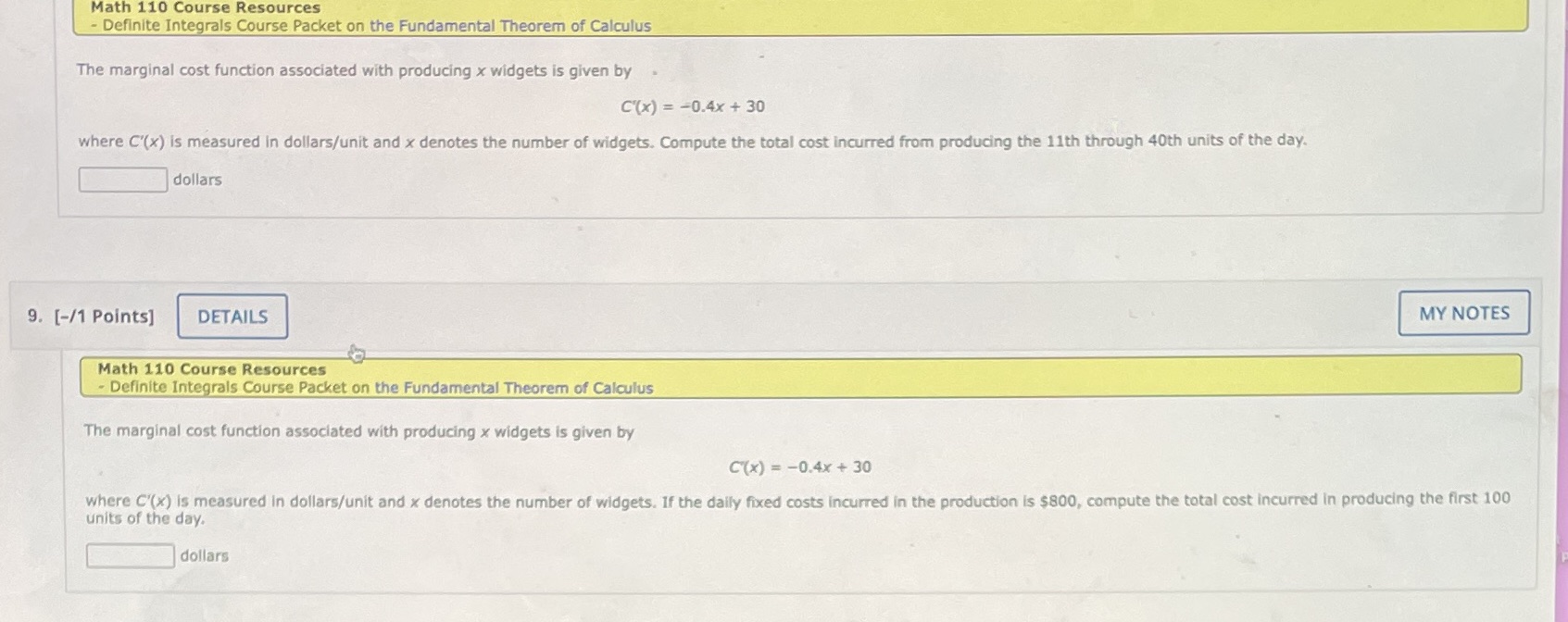 Math 110 Course Resources Definite Integrals Course Packet on the Fundamental