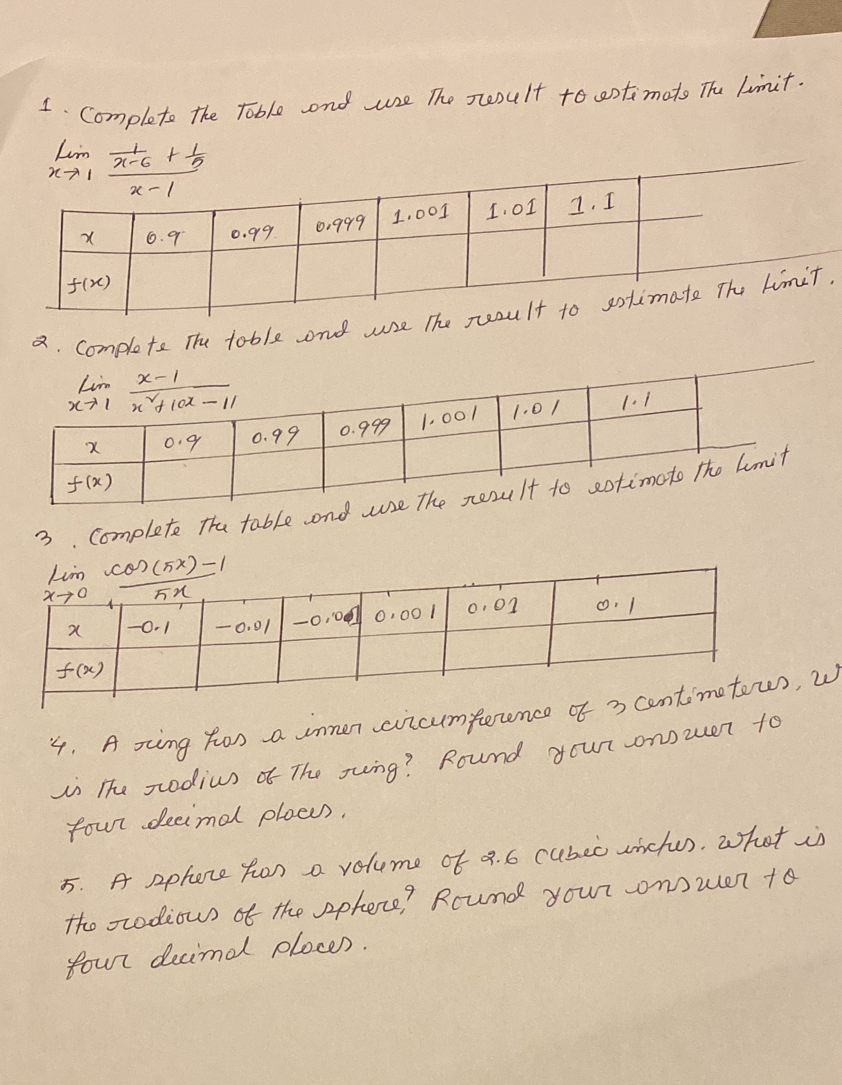  ". Complete the Table and use the result to estimate The