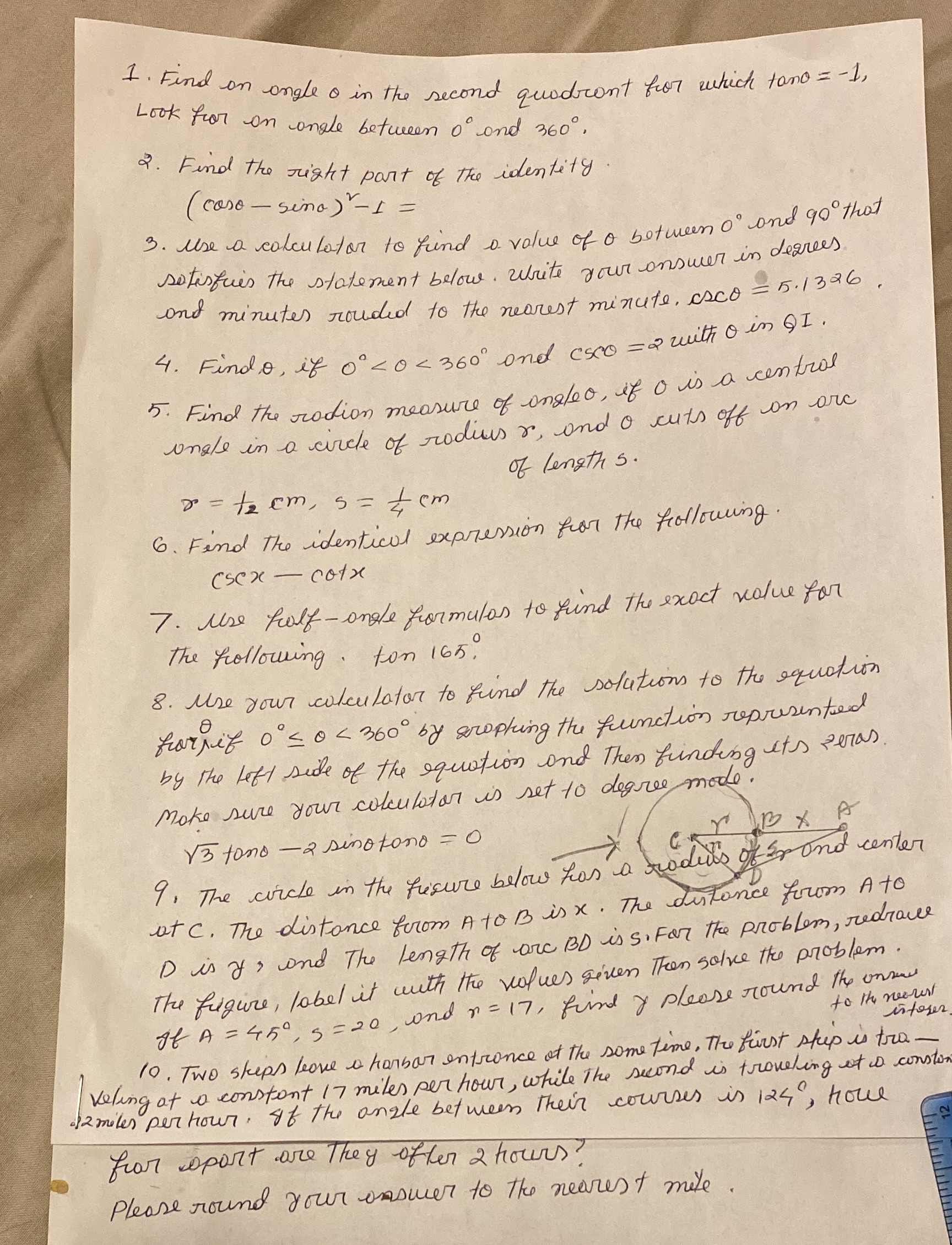  I . Find on angle o in the second quodcont for