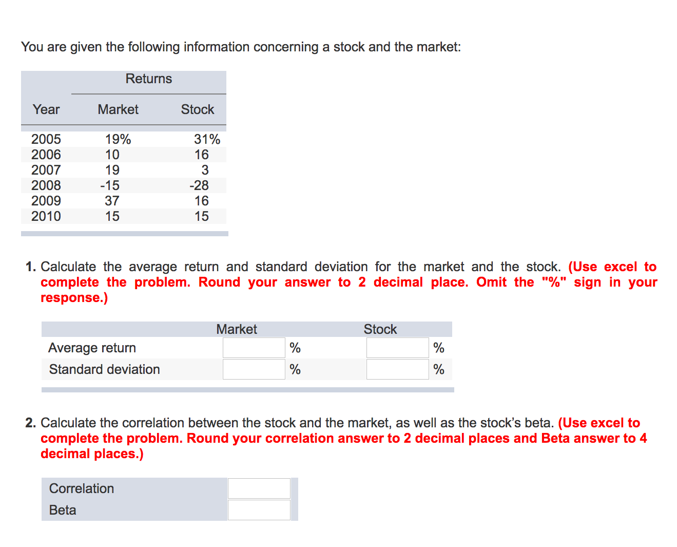 1.Calculate the average return and standard deviation for the market and the