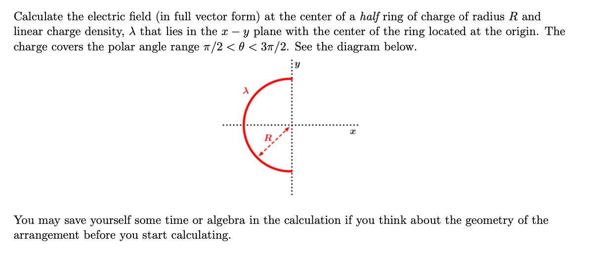 of a half ring of charge of radius R and linear charge