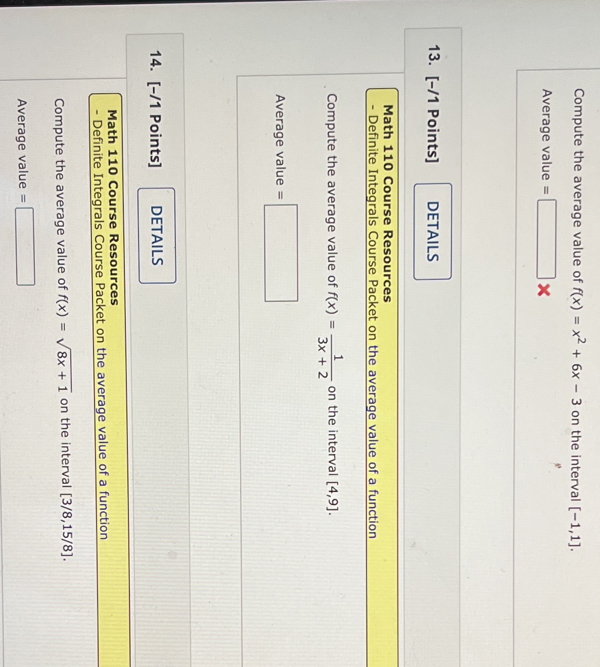  Compute the average value of f(x) = x2+ 6x - 3