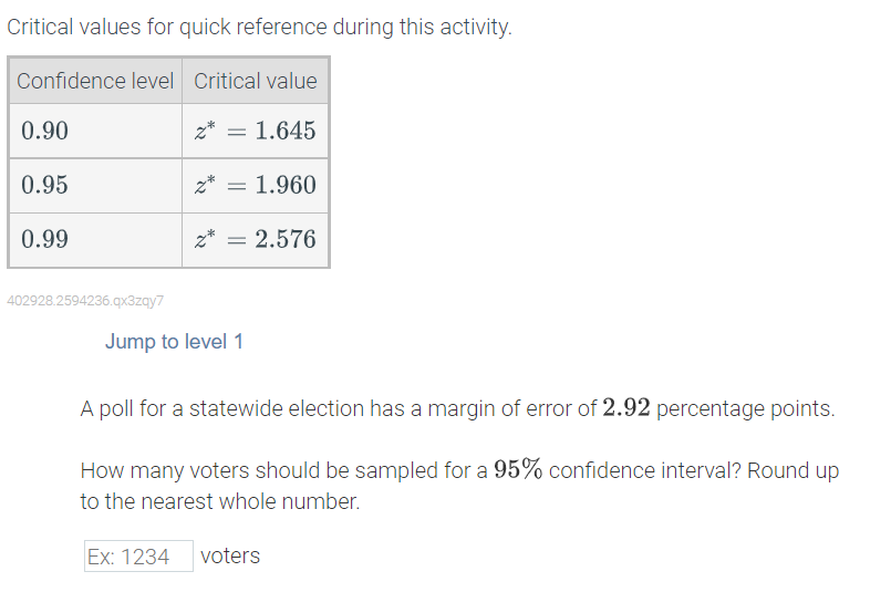  Critical values for quick reference during this activity. Confidence level |