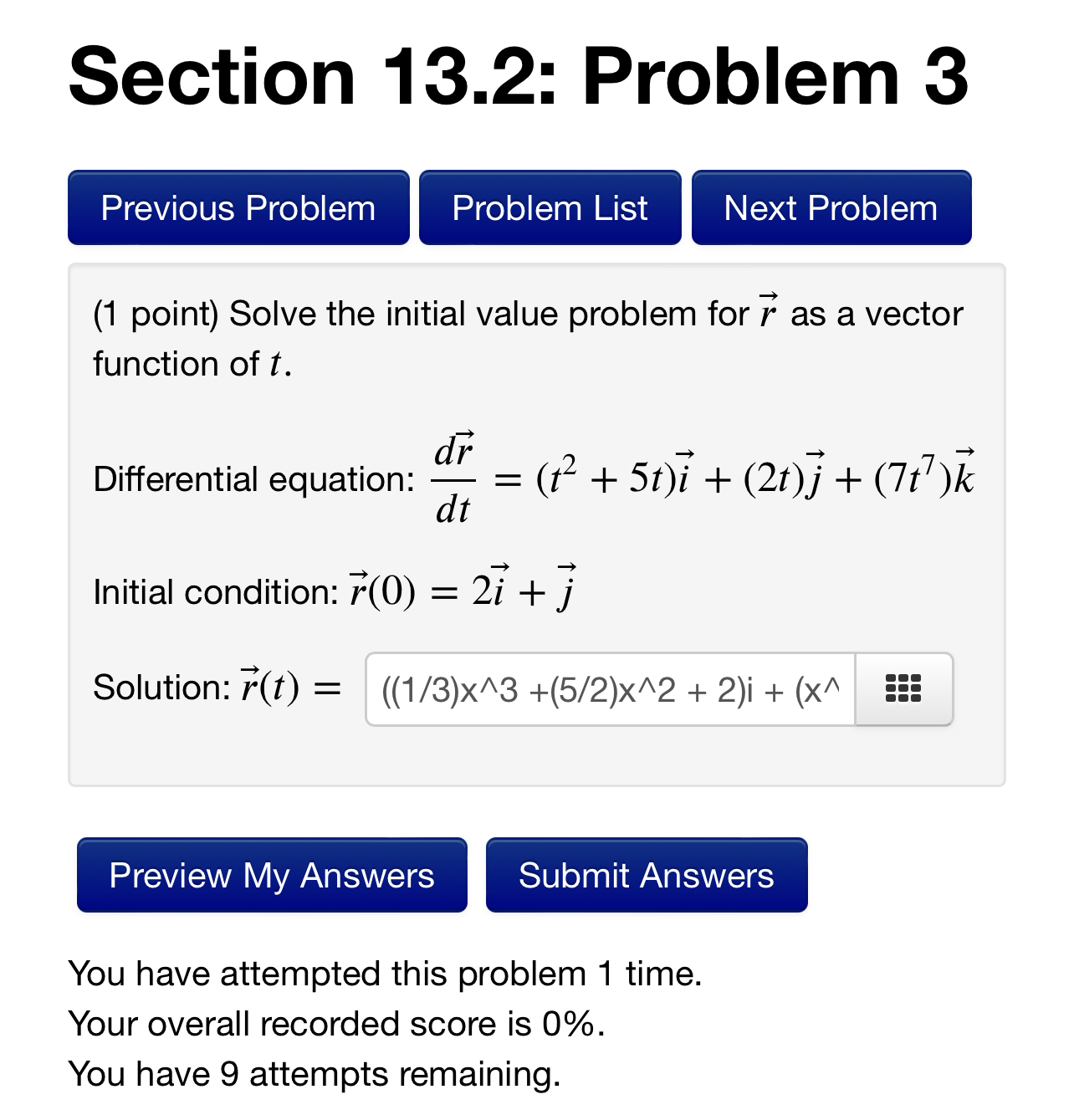 for 7 as a vector function of 1'. Differential equation: % =