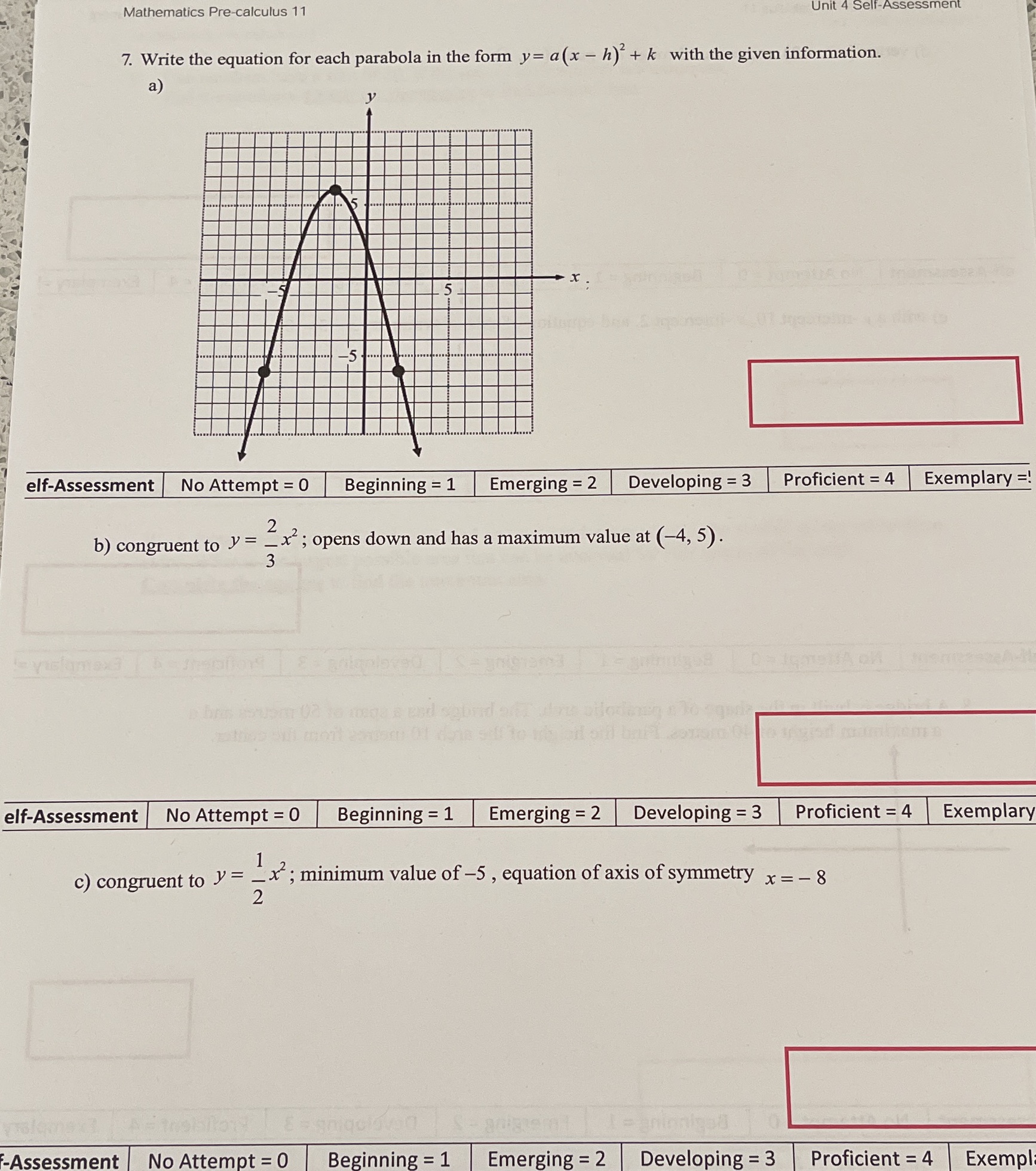 Mathematics Pre-calculus 11 Unit 4 Self- 7. Write the equation for