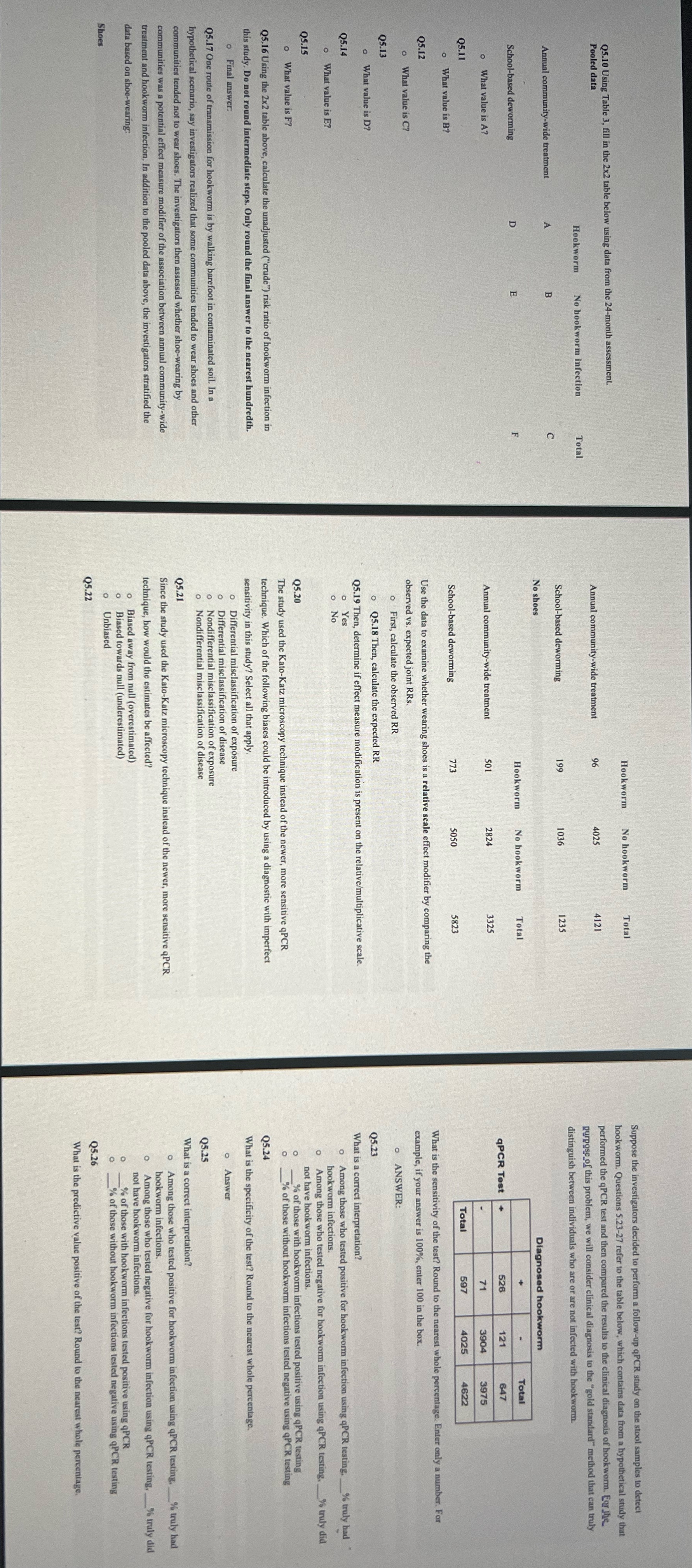 Please help with answering all Q's Hookworm No hookworm Total Suppose the