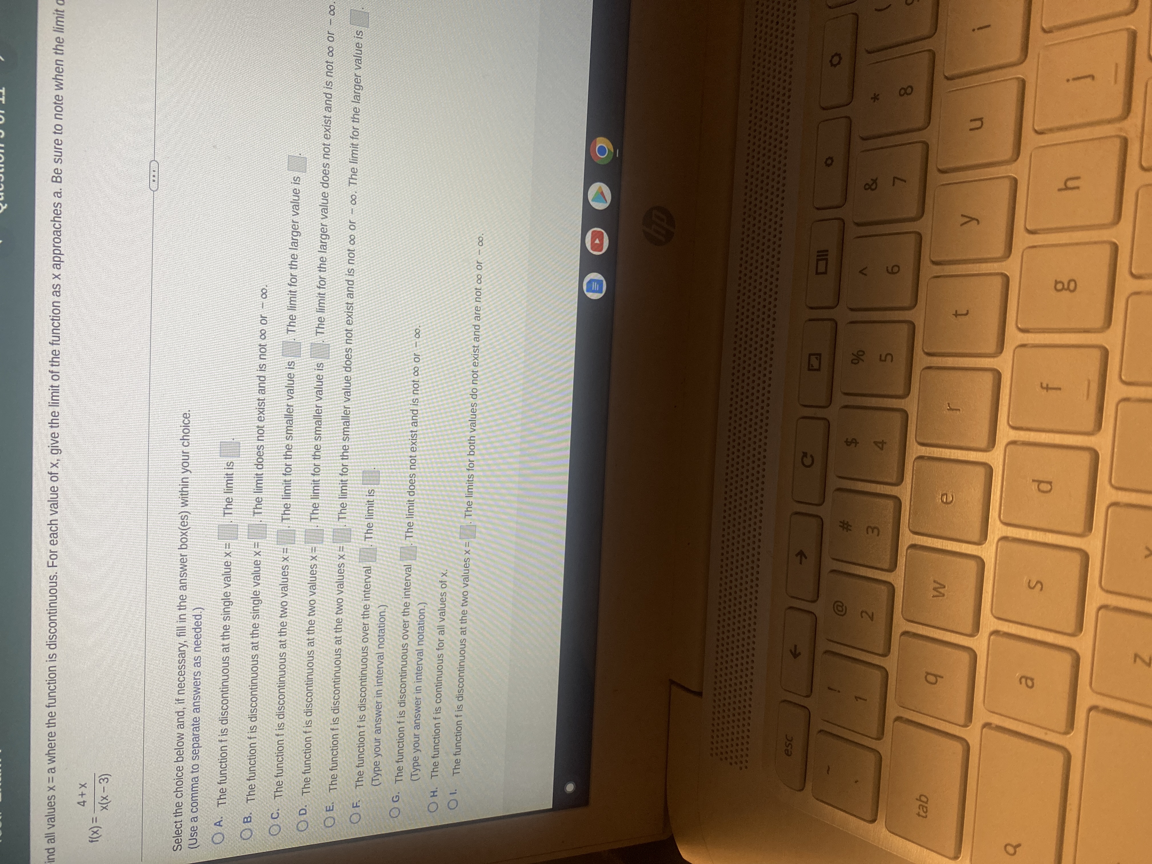 For each value of x, give the limit of the function as