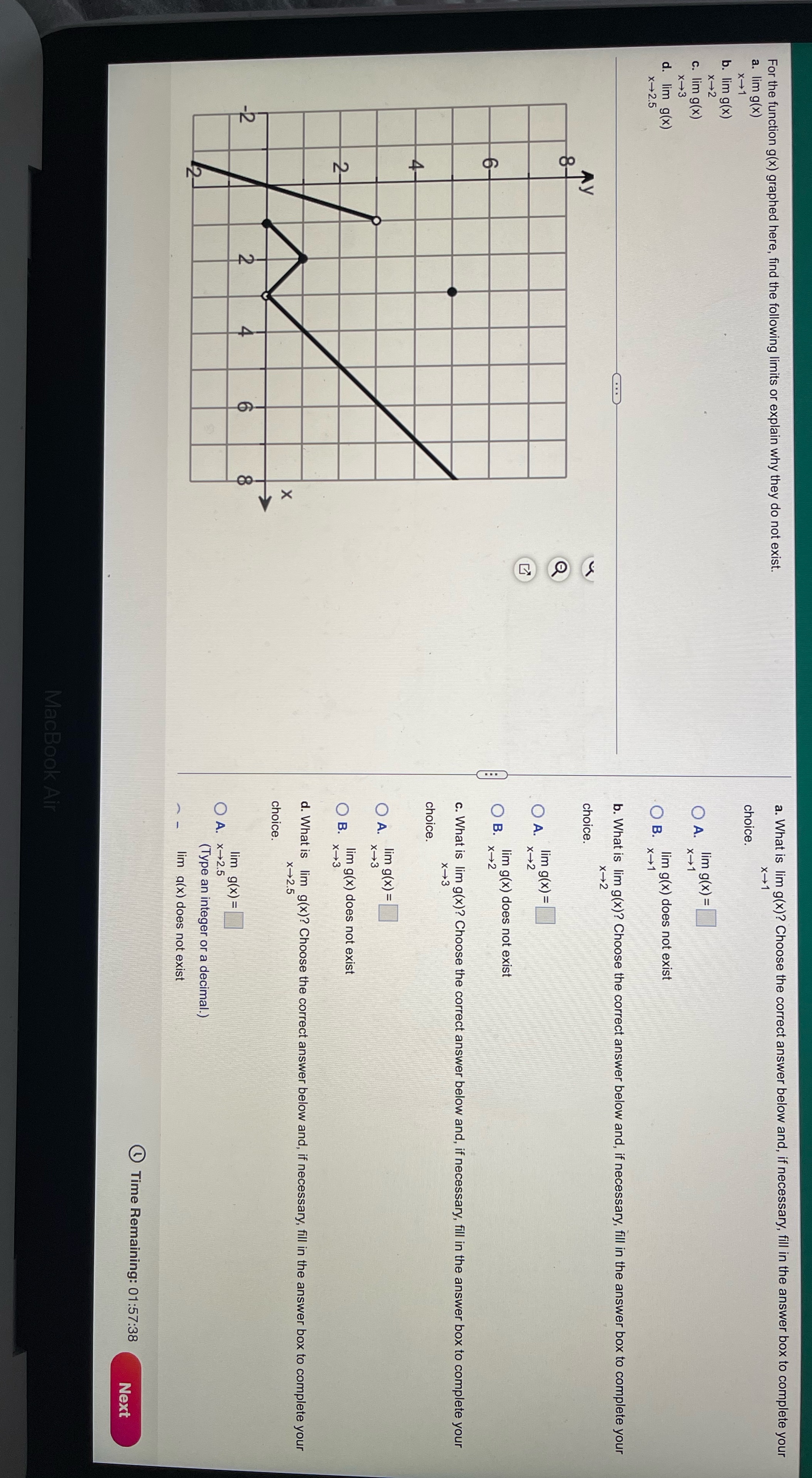  For the function g(x) graphed here, find the following limits or