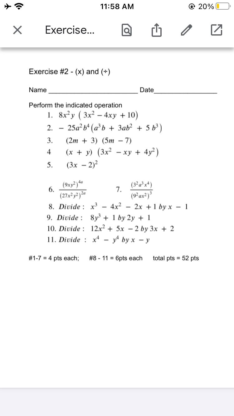 11:58 AM @ 20% X Exercise... Exercise #2 - (x) and