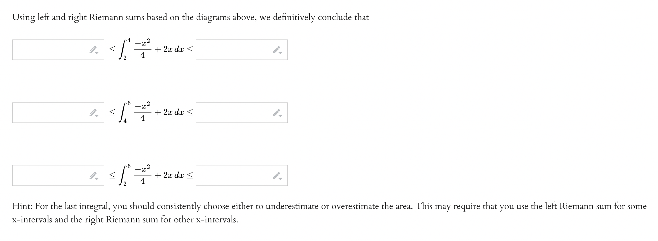 x = 6. Left endpoint Riemann sum for y = 'T +