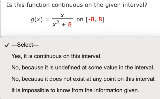 on [-8, 8] x2 + 8 V ---Select--- Yes, it is continuous