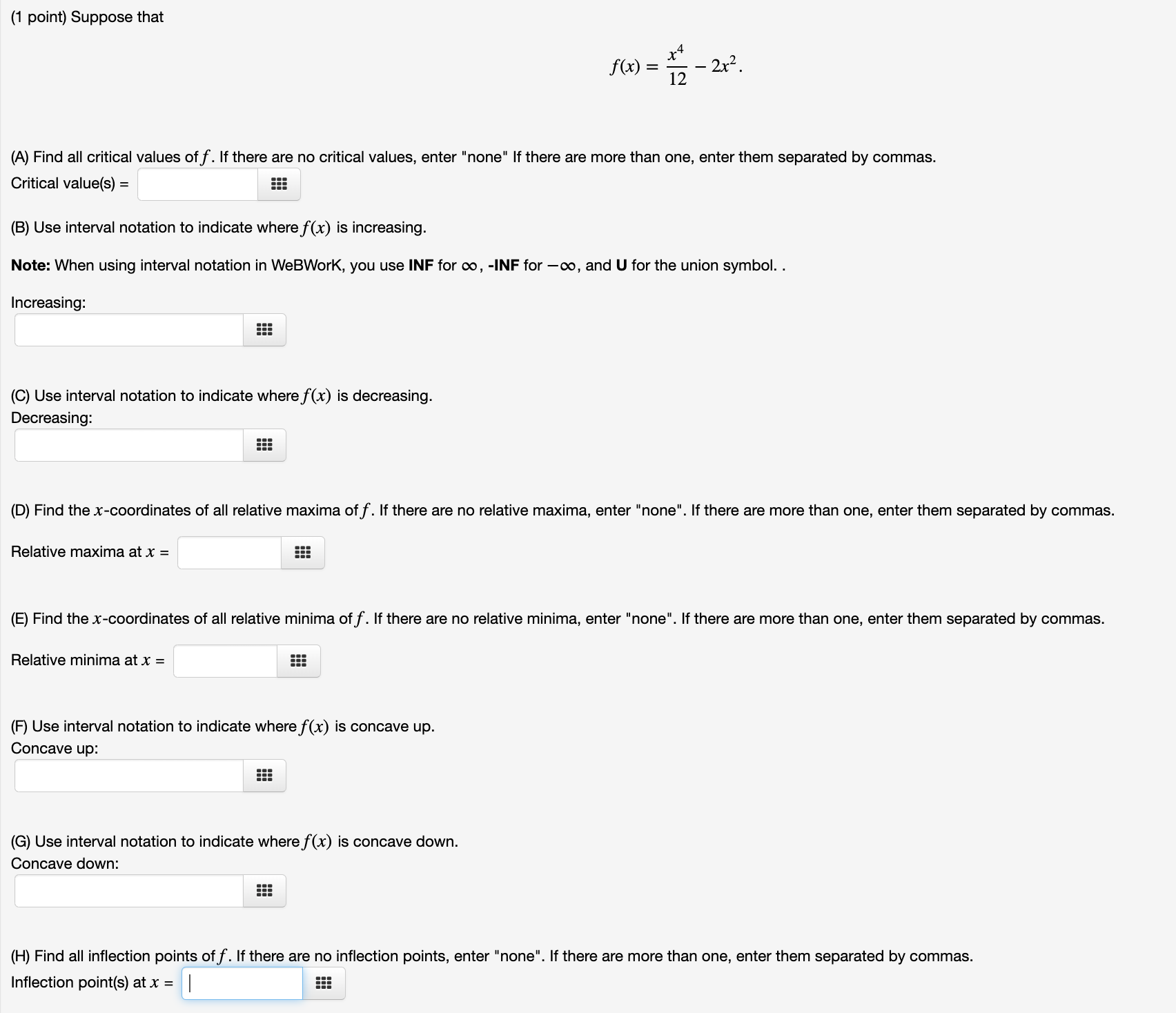  (1 point) Suppose that f(x) = 12 - 2x2. (A) Find