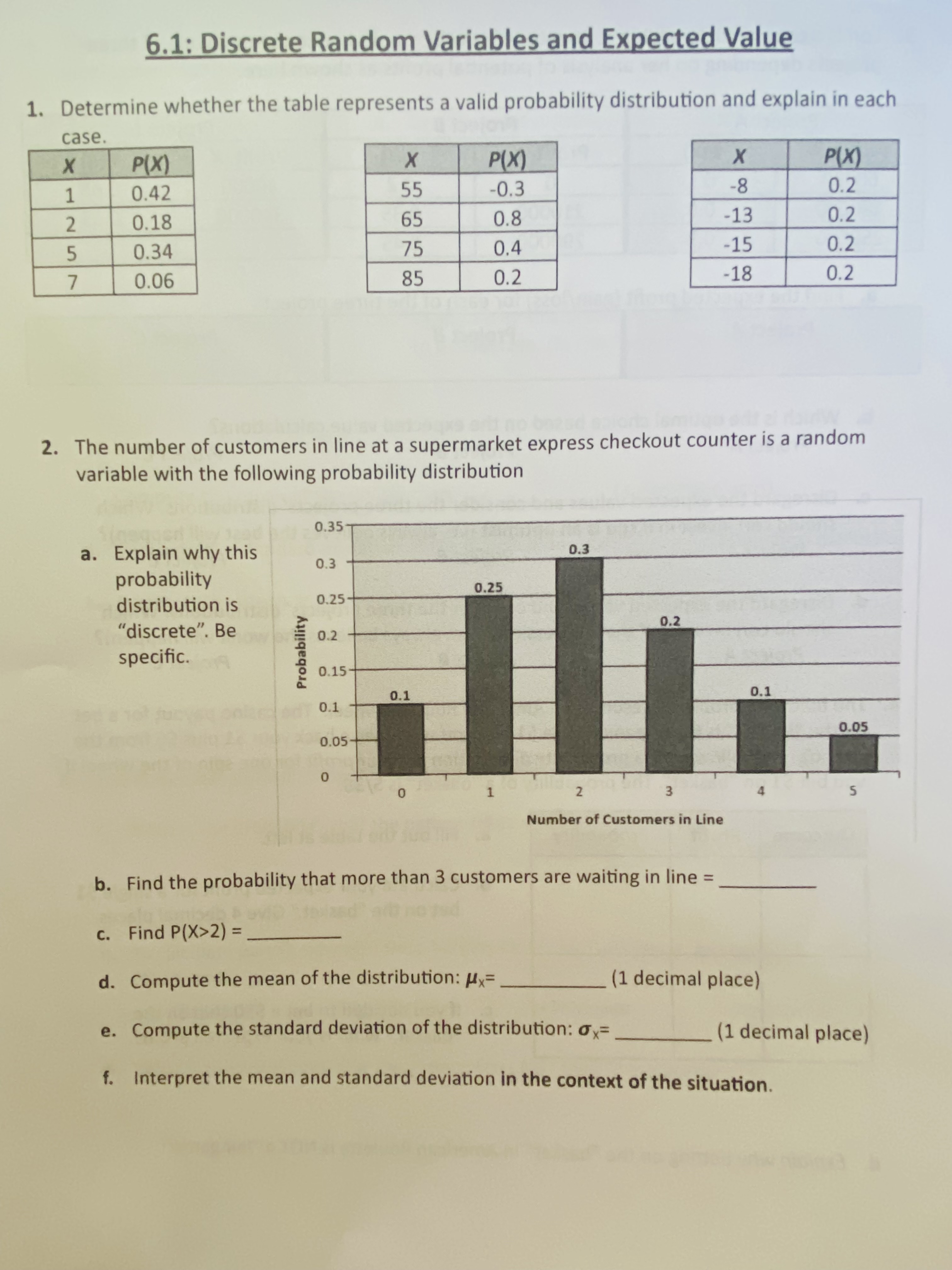  6.1: Discrete Random Variables and Expected Value 1. Determine whether the