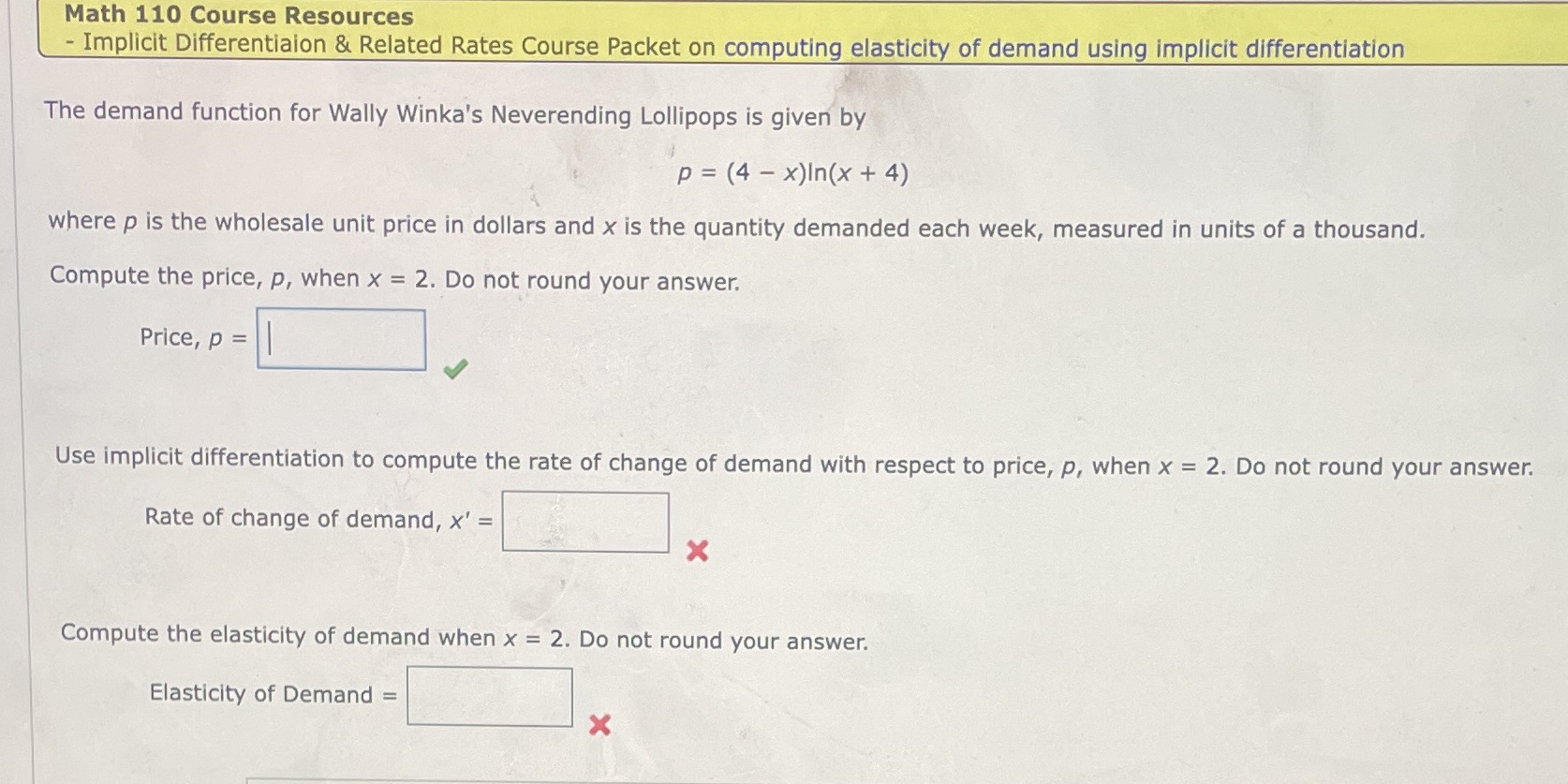 p=2ln(6) Math 110 Course Resources - Implicit Differentialon & Related Rates Course