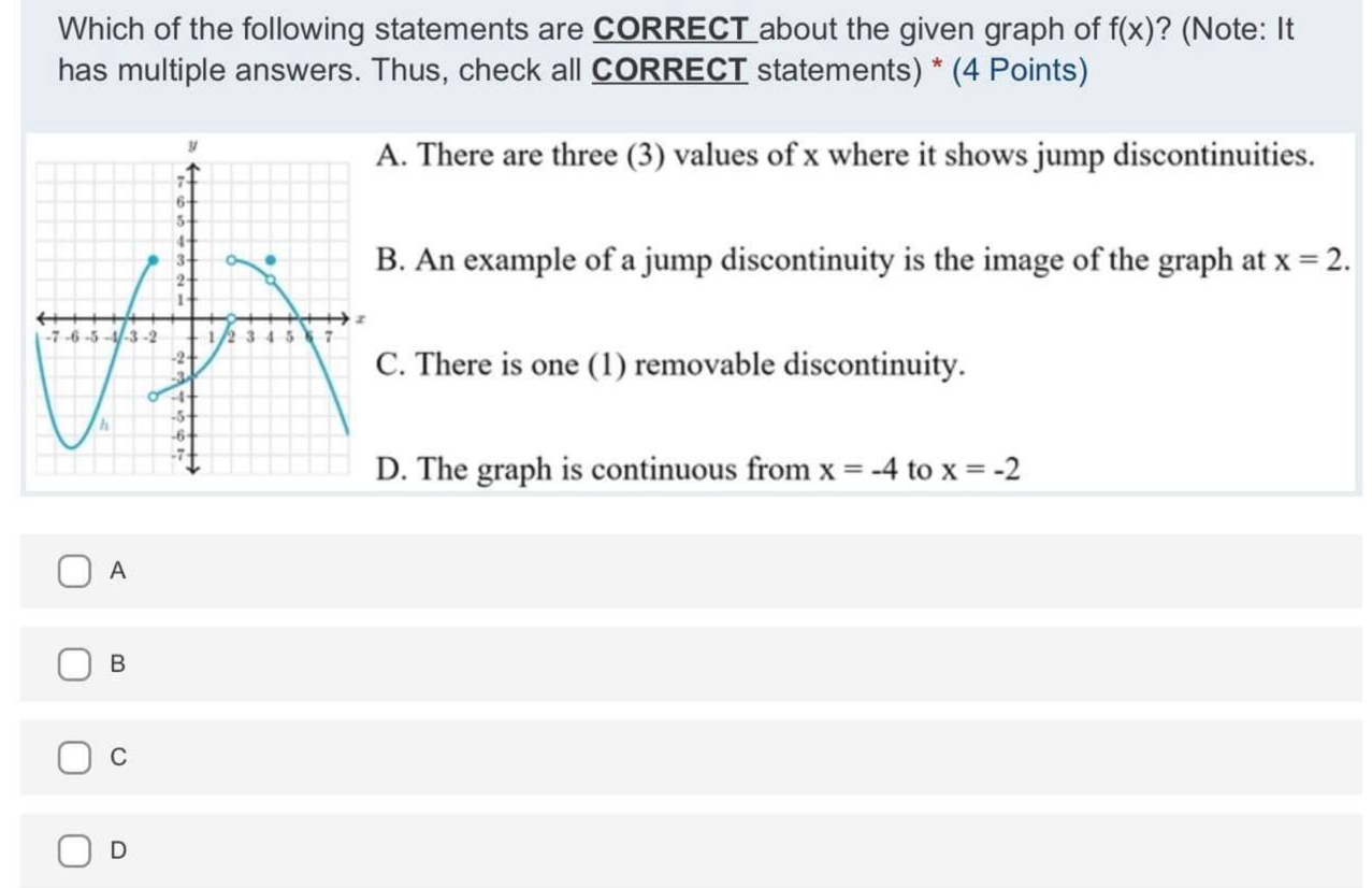 A. lim f(x) = DNE x - -5 B. lim f(x) =