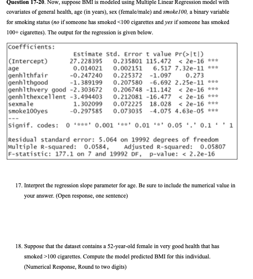  Question 17-20. Now, suppose BMI is modeled using Multiple Linear Regression