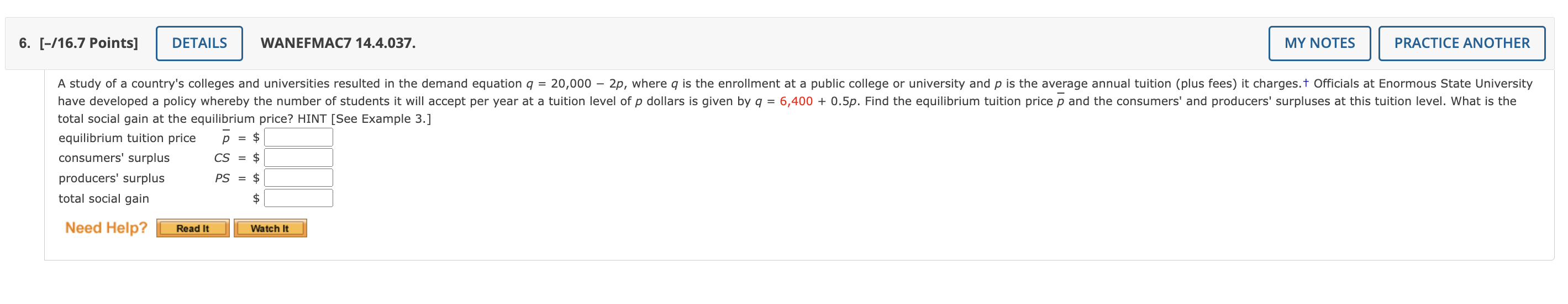 study of a country's colleges and universities resulted in the demand equation