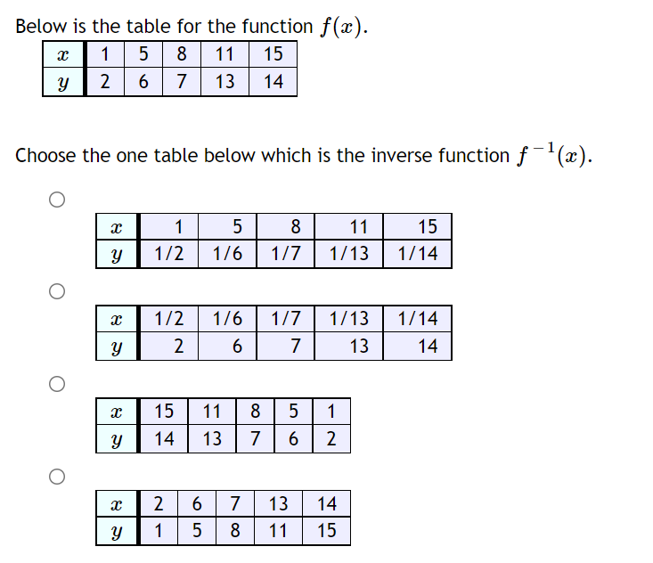 11 15 y 2 6 7 13 14 Choose the one table