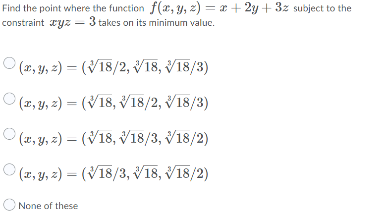  Find the point where the function f(@, y, 2) = *