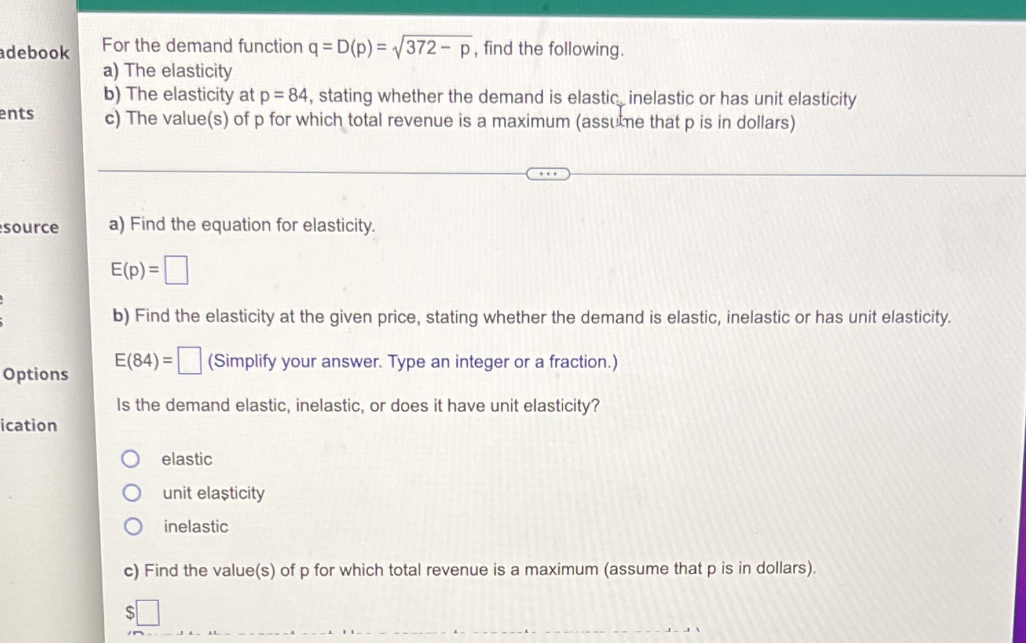  For the demand function q = D(p) = 1/ 372 -