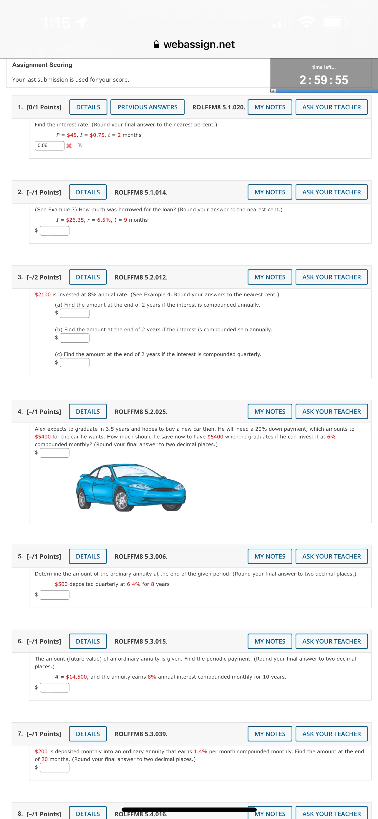 webassign.net Assignment Scoring Your last submission is used for your score.