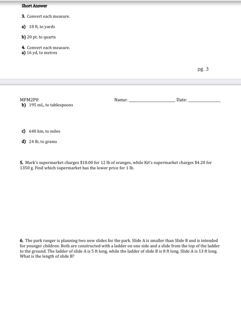  Short Answer 3. Convert each measure. a) 18 ft, to yards